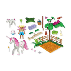 Playmobil Magical Unicorn Stable toy playset features a pink and white stable, unicorn figurine, and colorful accessories on 