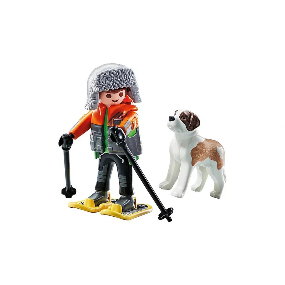 PLAYMOBIL MY LIFE Hiker figure in orange jacket and gray hat, with white and brown spotted dog, black ski pole, and black pan