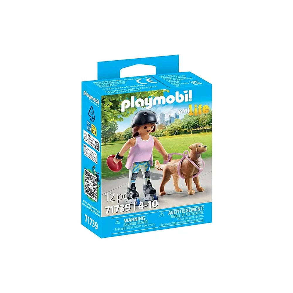 Playmobil My-Life-Skater toy playset packaging features a girl, brown dog, frisbee, QR code, and warning label on blue backgr