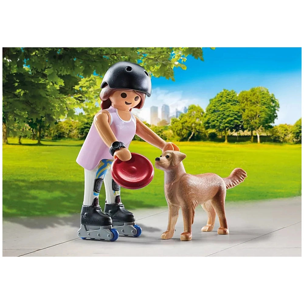 Playmobil My-Life-Skater doll on roller skates holds a red frisbee with a retriever dog in a grassy outdoor setting.