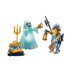 Playmobil Novelmore Ghost and Knight toy playset featuring a translucent ghost, golden trident, and shiny treasure chest.