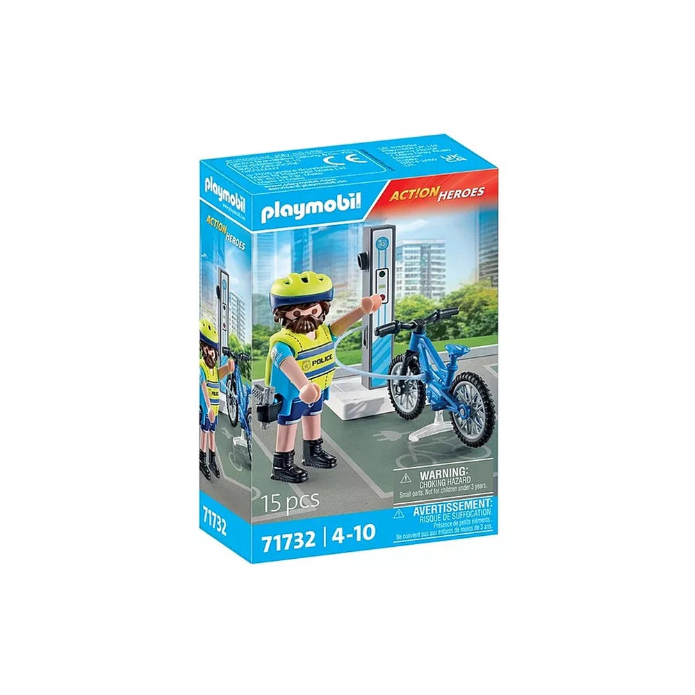 Playmobil Police-Bike-Patrol toy playset in blue cardboard packaging with multiple plastic windows showcasing the bicycle.