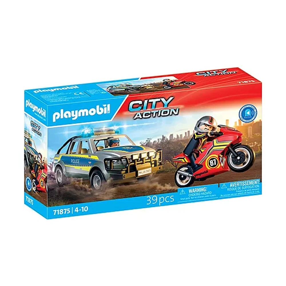 Playmobil Police Chase toy playset in red cardboard packaging with glossy finish, featuring a blue and yellow police car.