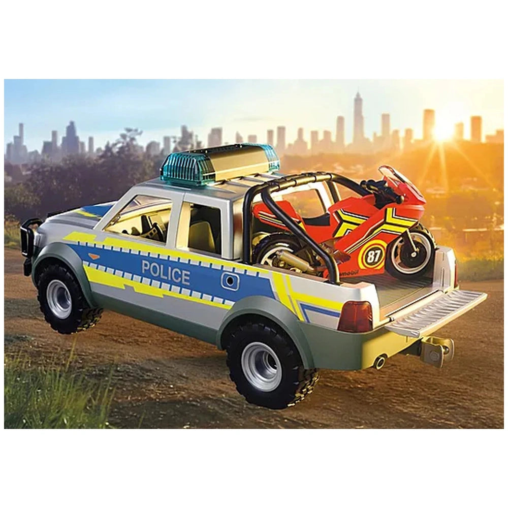 Playmobil Police Chase set features a white truck with blue and yellow stripes and a red motorcycle with black accents.