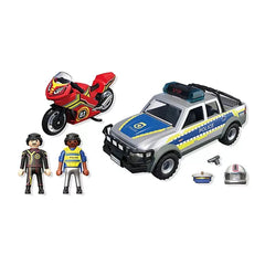 Playmobil Police Chase set featuring a plastic police car with blue and yellow stripes and a police officer in a yellow vest.