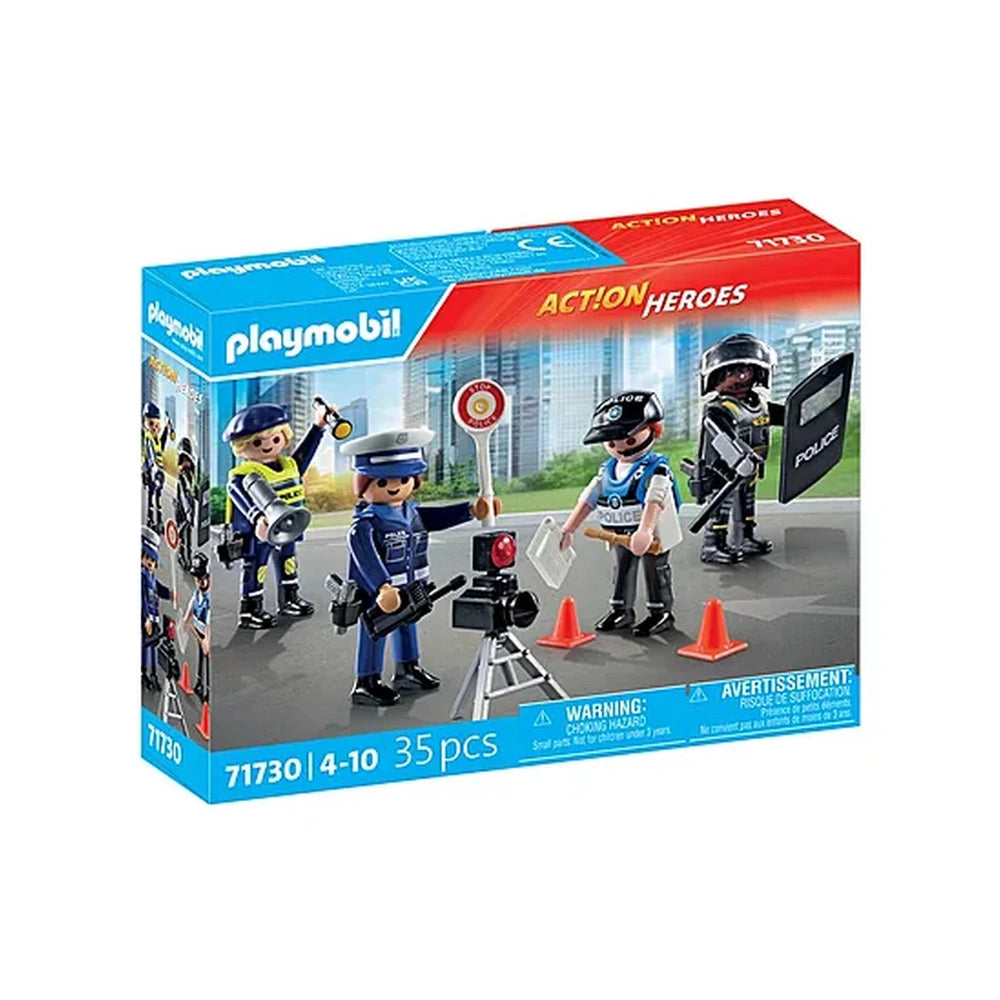 Playmobil Police-Figures-Set packaging features a blue background, cardboard material, and a clear plastic window showcasing 
