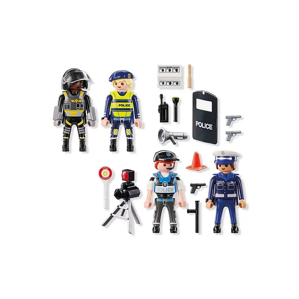 Playmobil Police-Figures-Set features multiple police figures in various uniforms with accessories like guns and helmets.