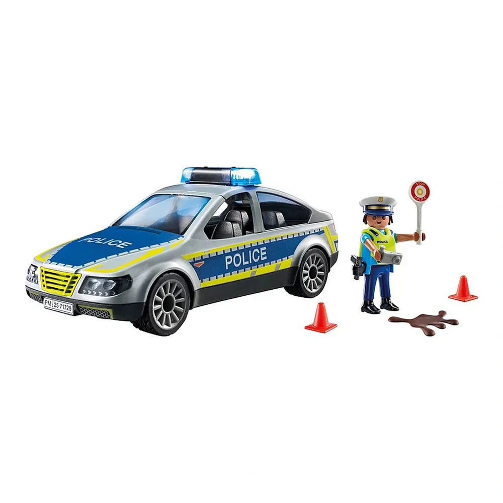 Playmobil Police Patrol Car features a glossy blue and yellow design with clear windshield and black tires, ideal for imagina