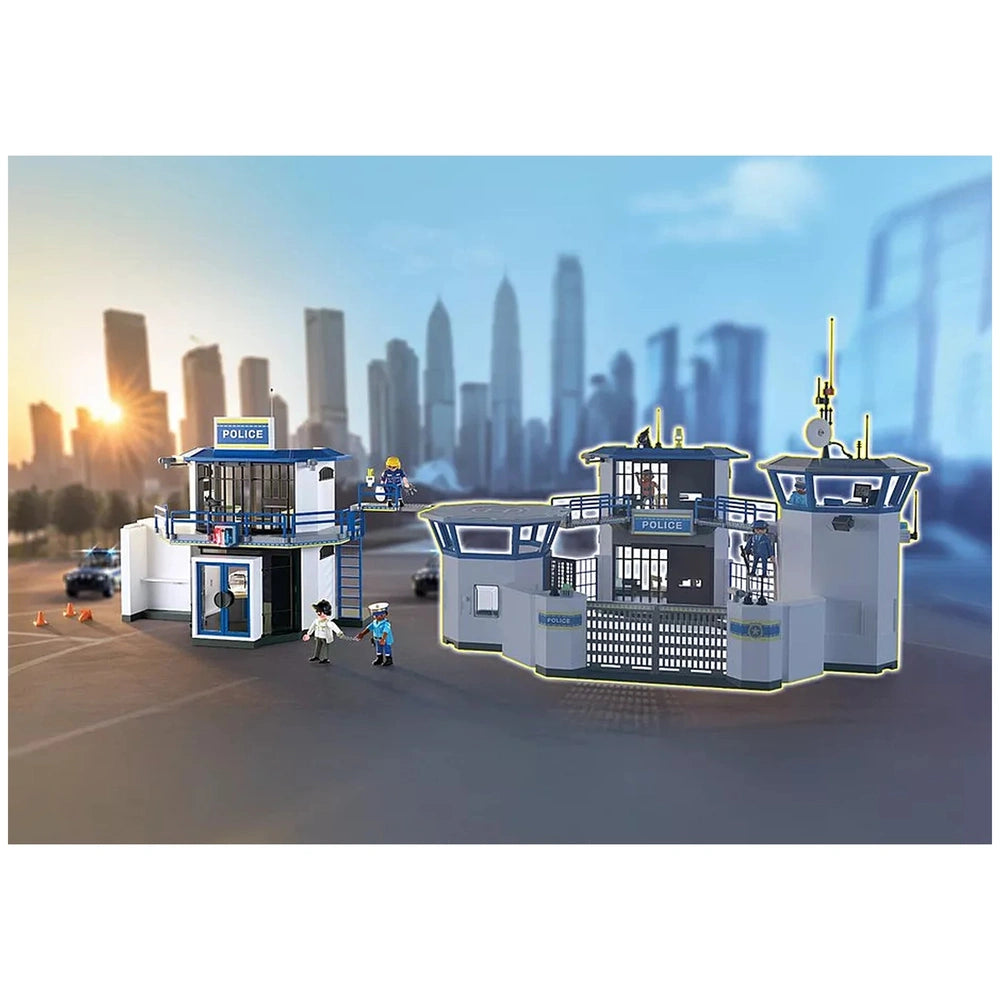 Playmobil Police Station with Investigation Room features a white building with blue accents, "POLICE" sign, and two figures.