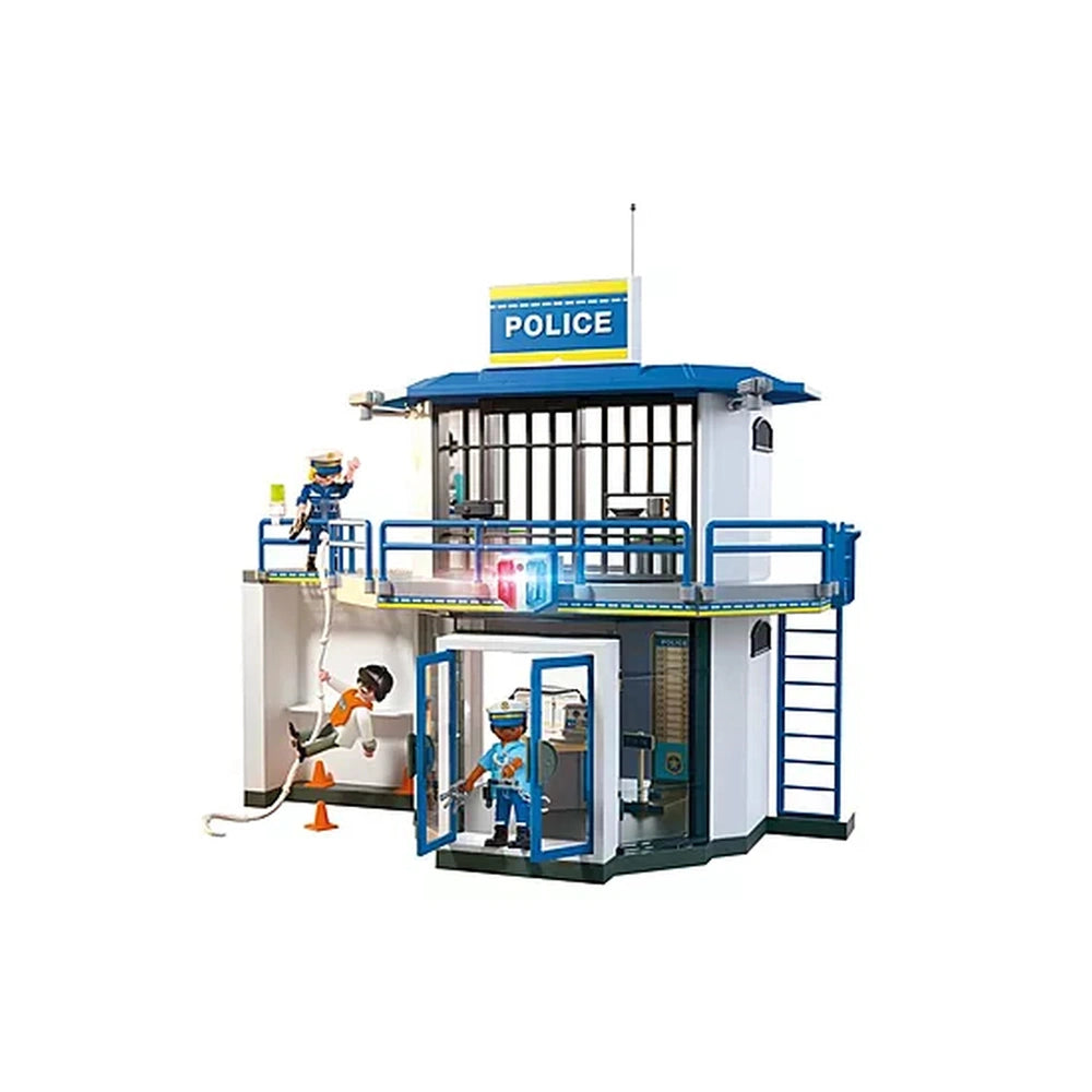 Playmobil Police Station toy playset features a white structure with blue roof, black bars, and colorful police figures in va