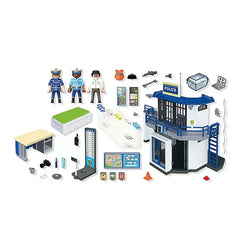 Playmobil Police Station with Investigation Room features matte cardboard and glossy plastic in a detailed, colorful layout.