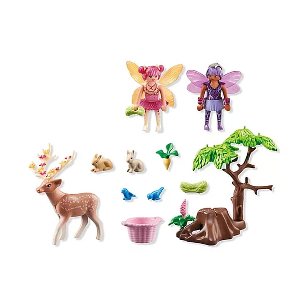 Playmobil Princess Magic toy playsets featuring a glossy tree and a matte-finished deer in a colorful layout.