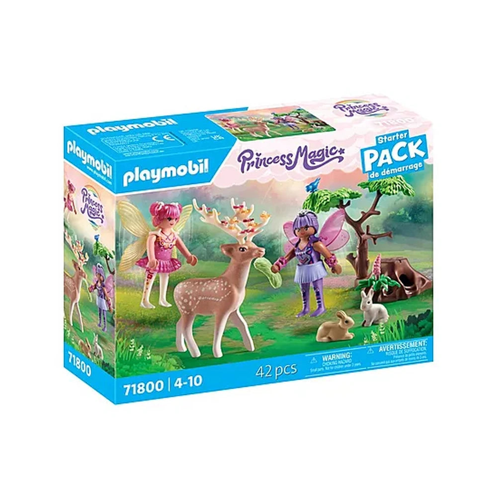 Playmobil Princess Magic toy playset packaging features a transparent window showcasing a pink-haired fairy, deer, and rabbit