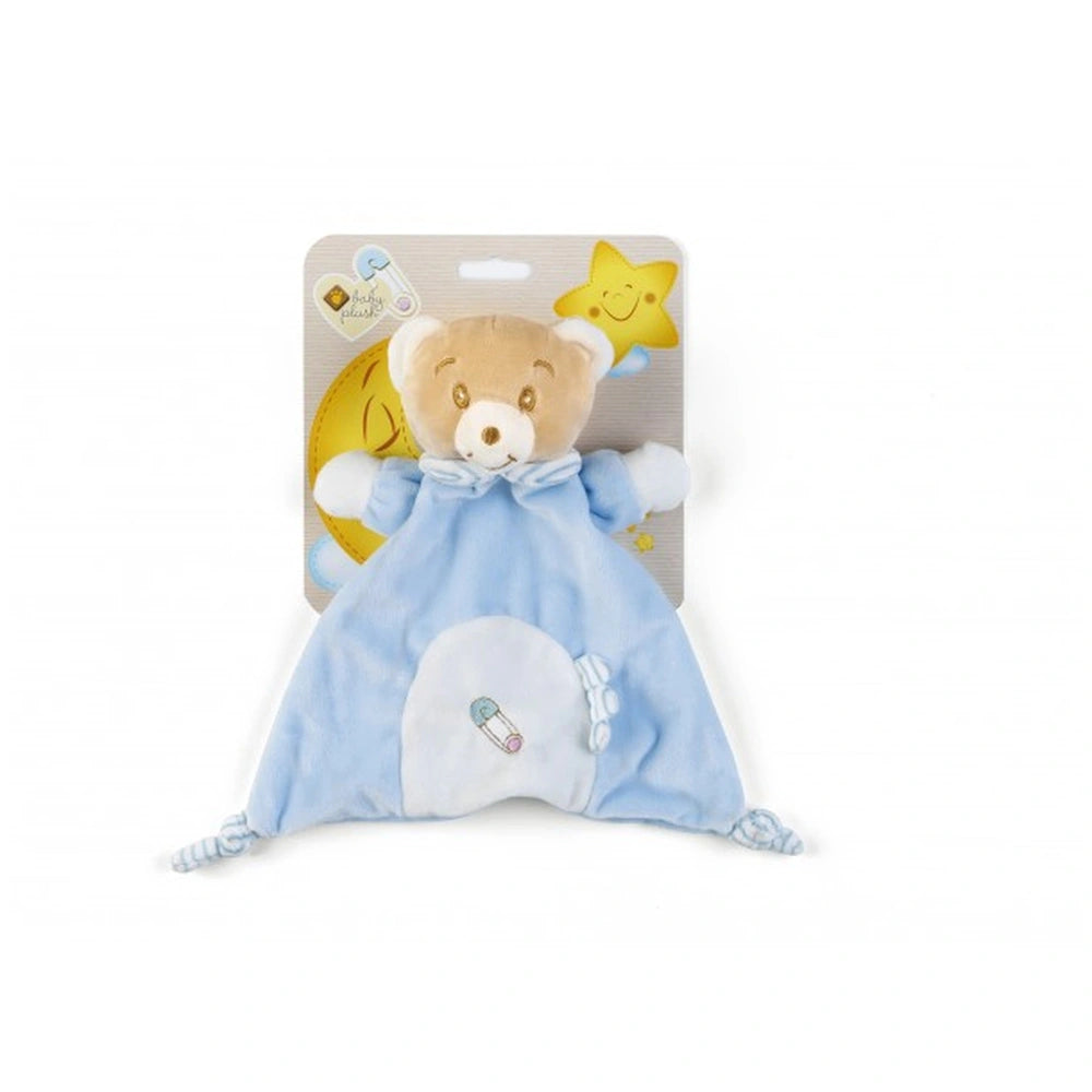 Plush & Co Baby Care Little Bear DouDou, 30 cm, soft brown teddy in blue outfit sitting on a yellow surface.