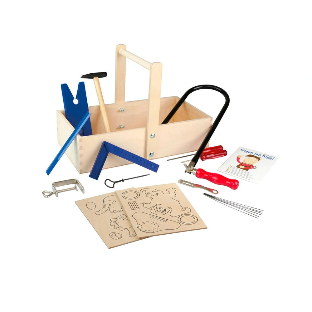 Wooden toolbox with handle, containing a hammer, fretsaw, blue ruler, red-handled tools, and animal-shaped stencils.