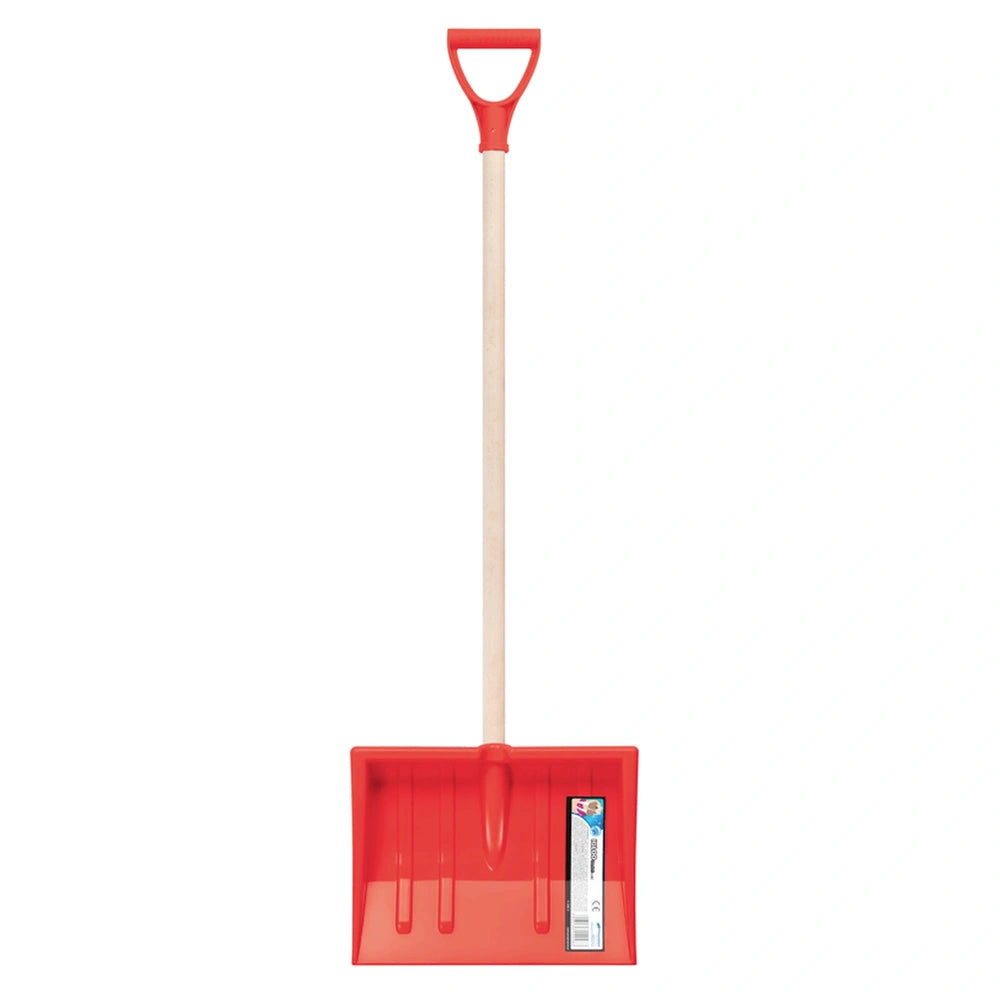 Igloo Comfort Shovel for Kids features a red plastic blade and handle with a white wooden handle, ideal for outdoor play.