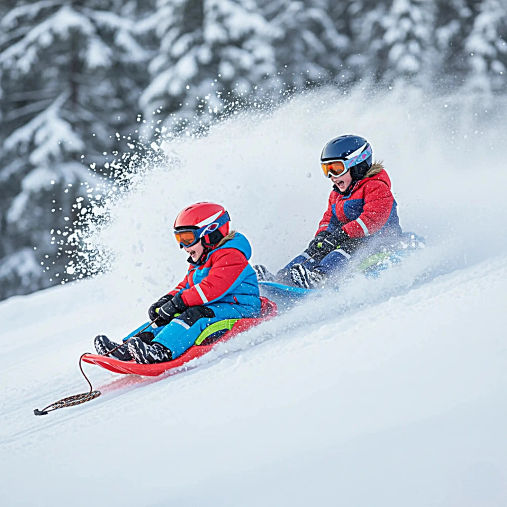 Red PROSPERPLAST Race S Sledge sits on snow with two people in colorful winter gear enjoying outdoor play.
