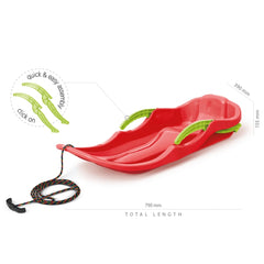 PROSPERPLAST Race S Sledge in glossy red plastic with matte red seat and green armrests, featuring a black cord.