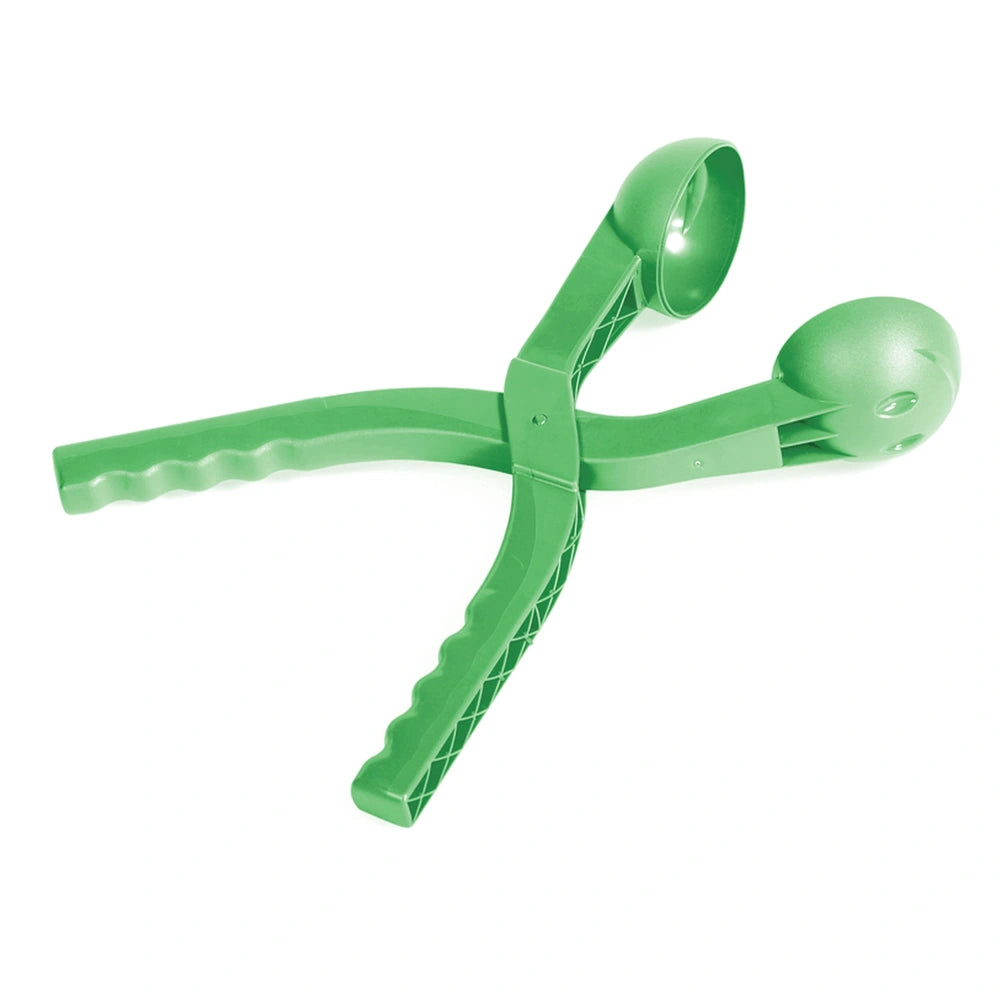 PROSPERPLAST Snowballee 2 snowball maker in glossy green plastic with handle, loop, ridges, and central hole.