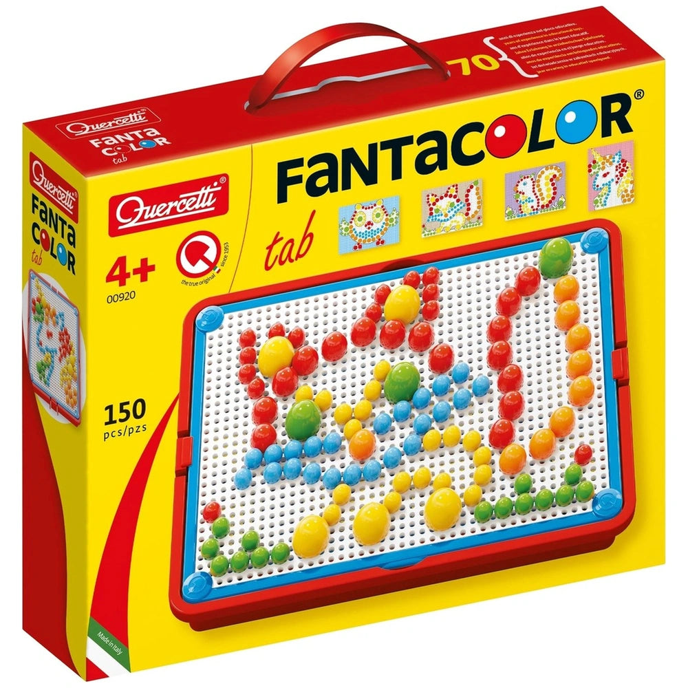 Quercetti FantaColor Tab arts and crafts kit in glossy red packaging with yellow background and clear plastic window.