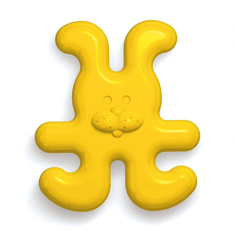 Quercetti Leprotti baby activity toy in solid yellow with a textured surface and hollow center, featuring ridges and indentat