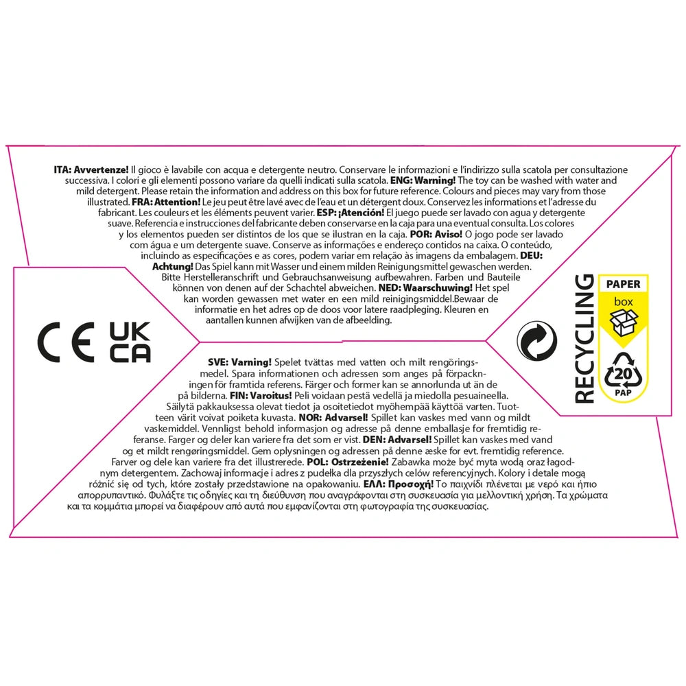 Quercetti Orsetti baby activity toys packaging featuring pink borders, black text, and colorful icons on a white background.