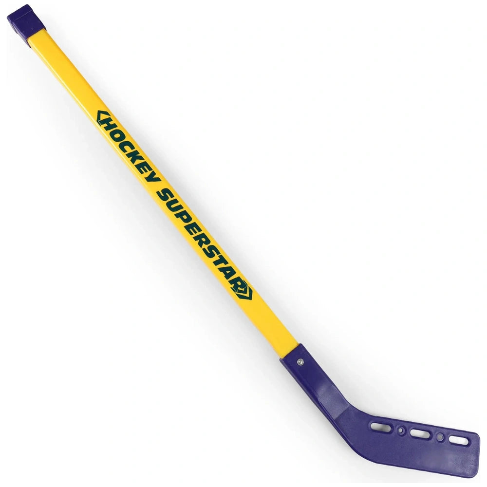 Hockey stick with a blue handle and yellow blade, featuring "HOCKEY SUPERSTARS" text, set against a white background.