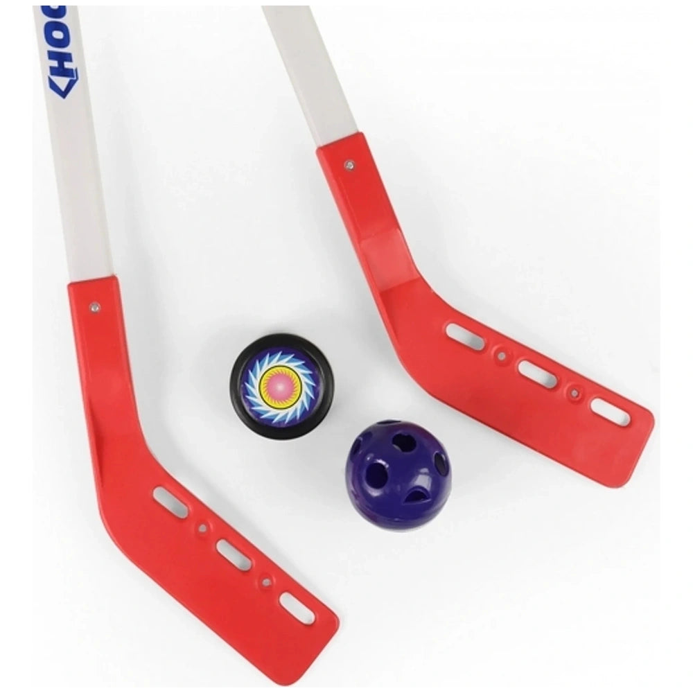 RAPPA hockey stick set in red and white with a black rubber ball and a colorful wheel on a white background.