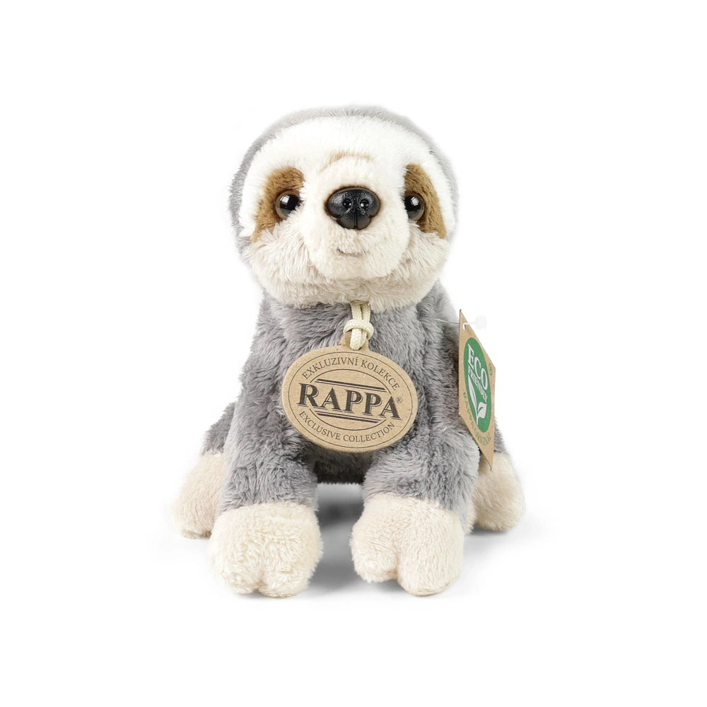 Plush sloth toy with gray fur, sitting upright, featuring a round tag that reads "RAPPA" and "EXCLUSIVE COLLECTION."