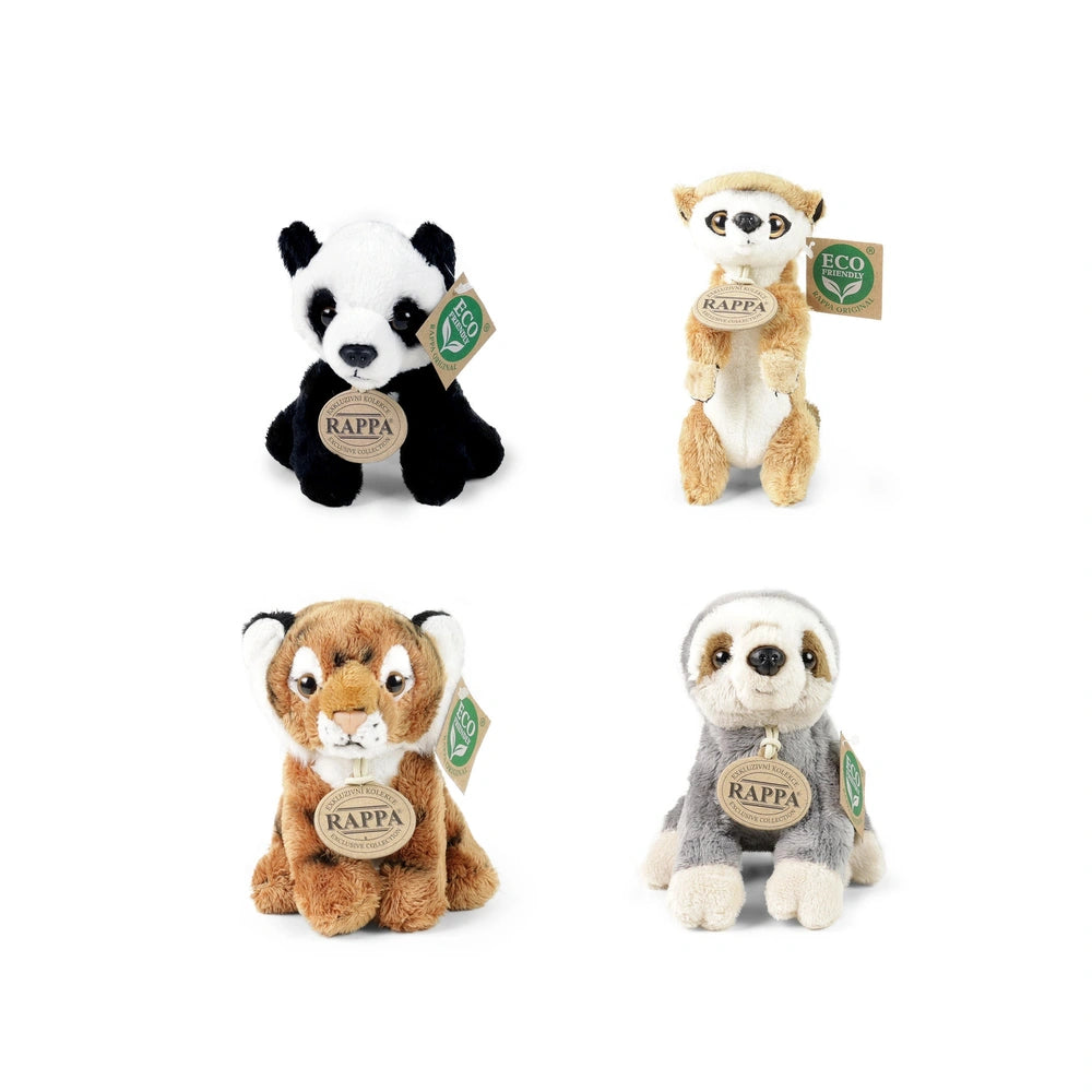 Rappa plush animals assortment features four soft, eco-friendly stuffed animals in various colors with tags displaying a gree