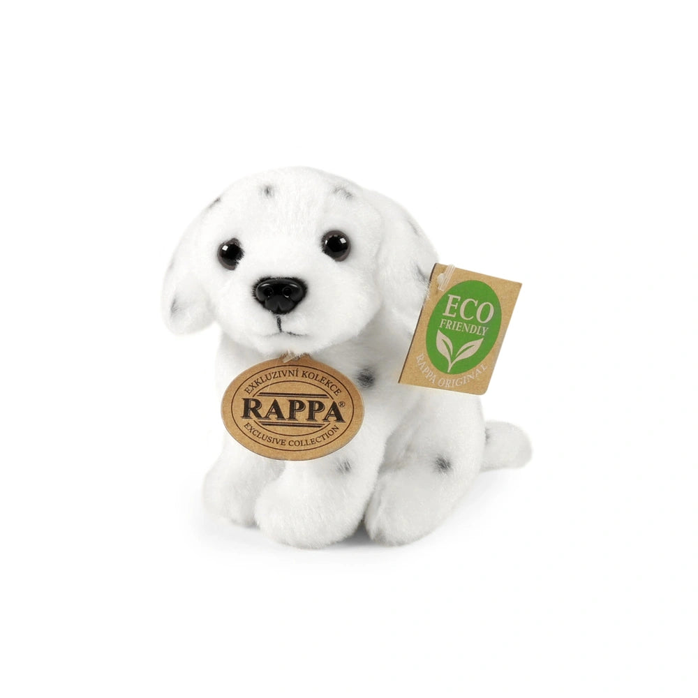 Plush dog toy with black spots, soft fabric, sitting upright with a tag reading "RAPPA" and "ECO FRIENDLY" in a clear backgro