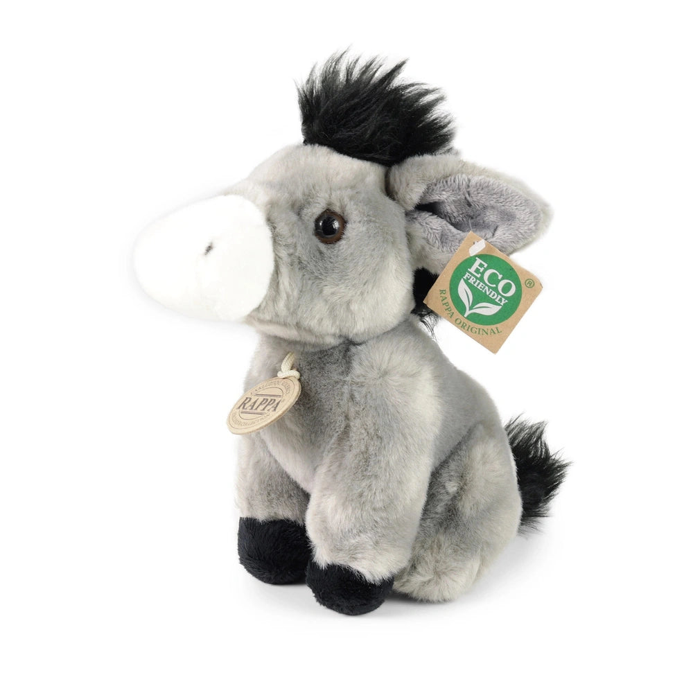 Plush donkey stuffed animal with a gray body, white muzzle, and eco-friendly tag featuring a green leaf symbol.
