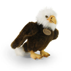 Plush eagle toy with a brown body, white head, yellow beak, and soft texture, featuring a tag labeled "RAPPA."