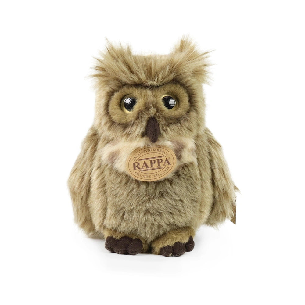 Plush eagle-owl with brown body and large eyes, featuring "RAPPA" text on its chest, made from soft, eco-friendly materials.