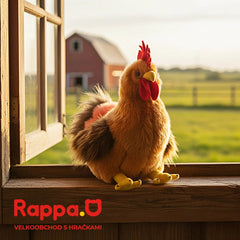 Plush rooster with red comb and wattle sits on a wooden window sill, overlooking a red barn in a soft, overcast light.