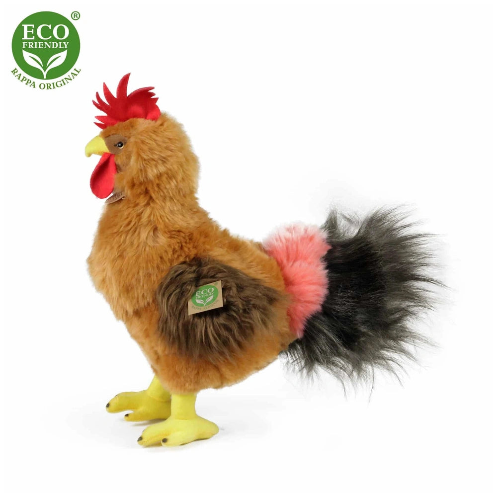 Plush rooster toy with a soft, fluffy texture, featuring shades of brown and red, yellow beak, and black tail, on a white bac