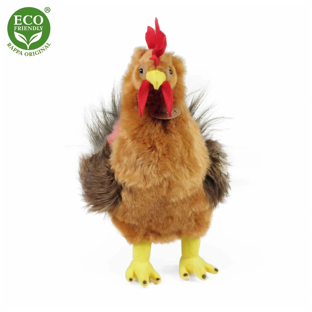 Plush rooster toy with brown body, red comb, yellow feet, and ECO-FRIENDLY logo, standing upright and facing the camera.