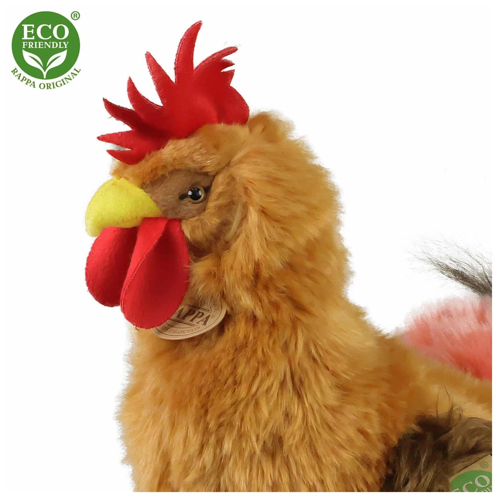Plush rooster toy in brown with a red comb and wattle, featuring a yellow beak and an ECO FRIENDLY tag.