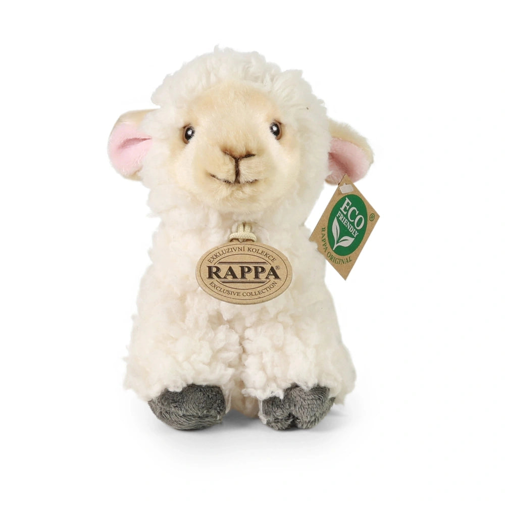 Plush sheep toy with a fluffy white texture, smiling face, pink nose, and eco-friendly tag featuring the brand "RAPPA."