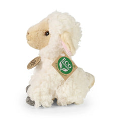 Plush sheep stuffed animal, 16 cm, eco-friendly with fluffy white texture, black eyes, and a care tag featuring green eco-fri