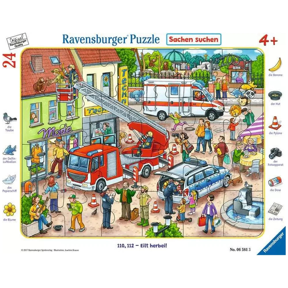 Ravensburger puzzle box cover featuring a vibrant street scene with various colorful characters and vehicles.