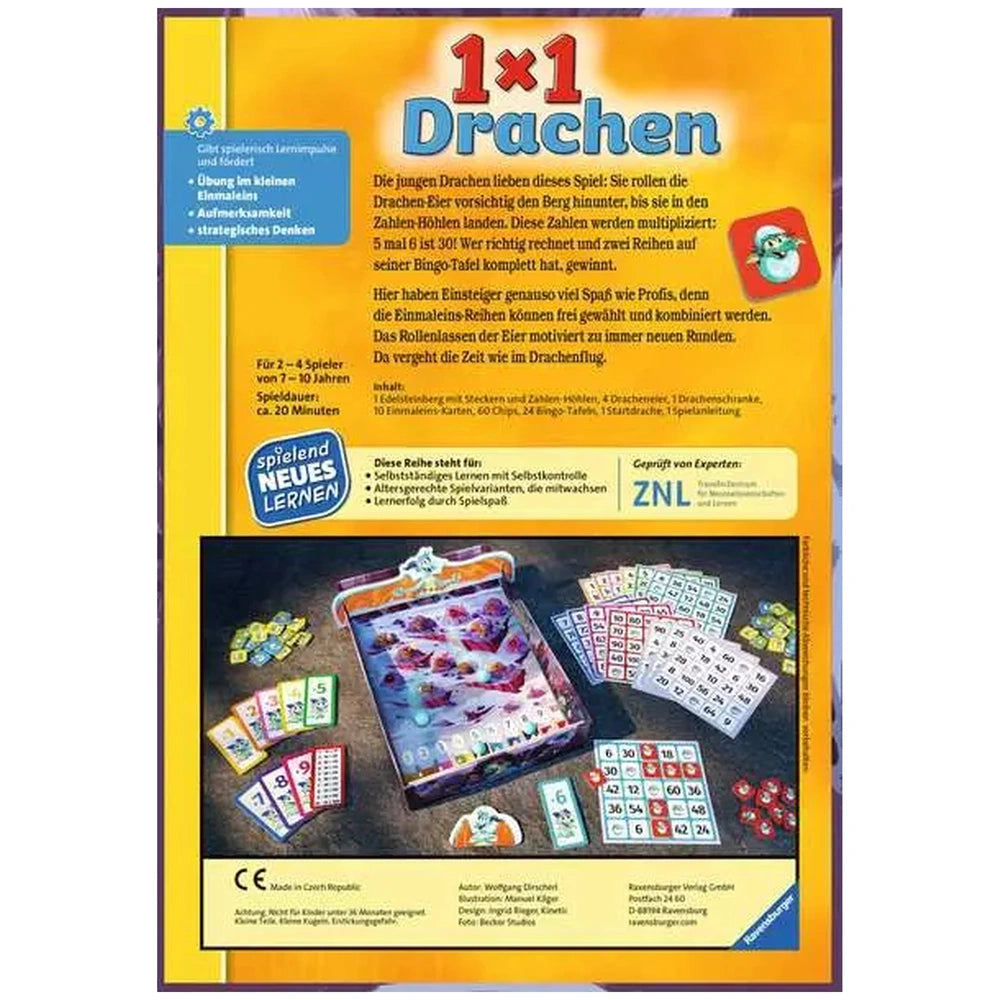 Ravensburger's 1X1 Drachen board game packaging features a colorful game board and scattered plastic pieces on a bright yello
