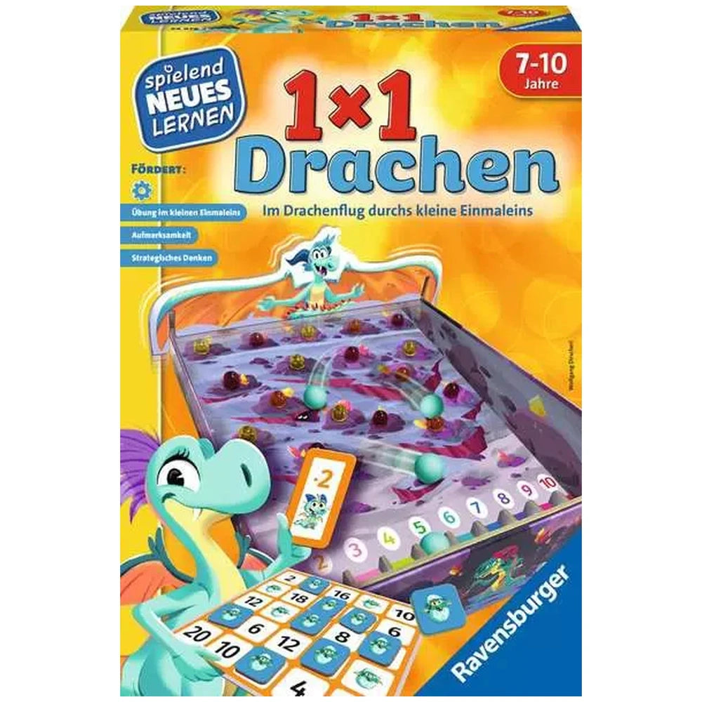 Ravensburger 1X1 Drachen board game box features a green dinosaur with a tablet, colorful game pieces, and vibrant design ele