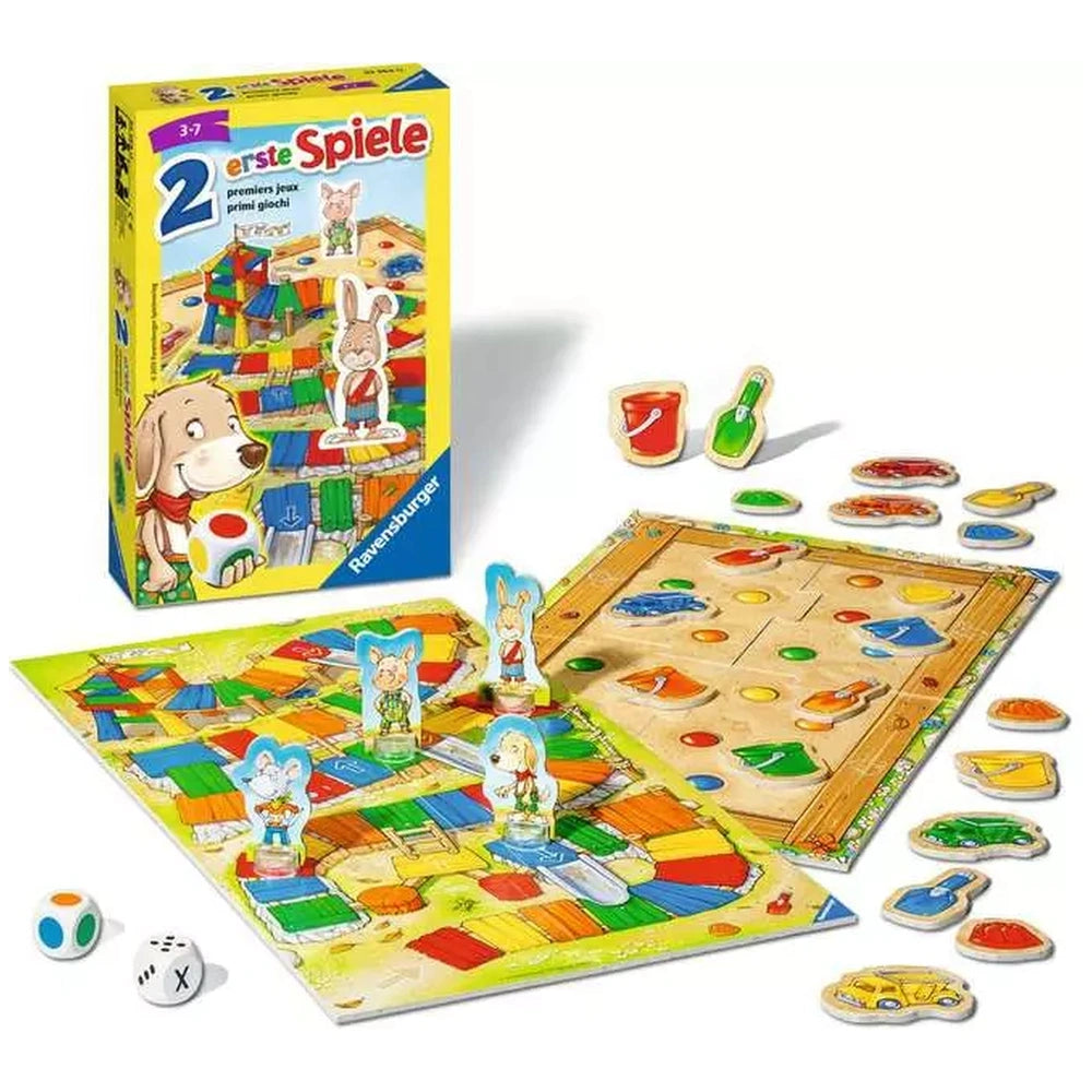 Ravensburger board game for children featuring colorful designs, animal pieces, and multi-language instructions on a vibrant 