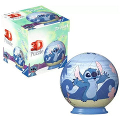 3D puzzle sphere featuring a blue cartoon character on a beach, with a green puzzle box displaying "STIKH 3D PUZZLE 6-99."