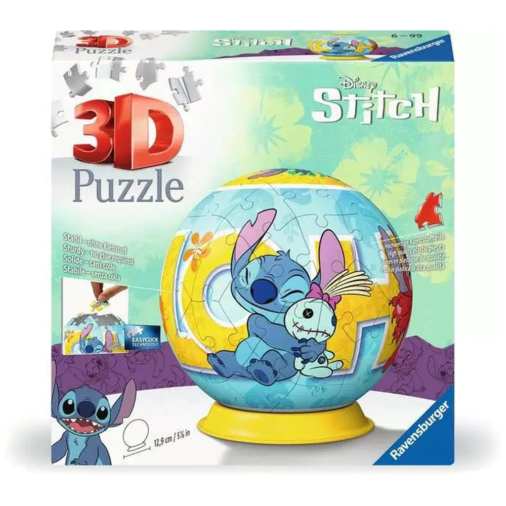 Ravensburger 3D puzzle ball features colorful Disney Stitch characters in a glossy box with a clear dome and textured surface