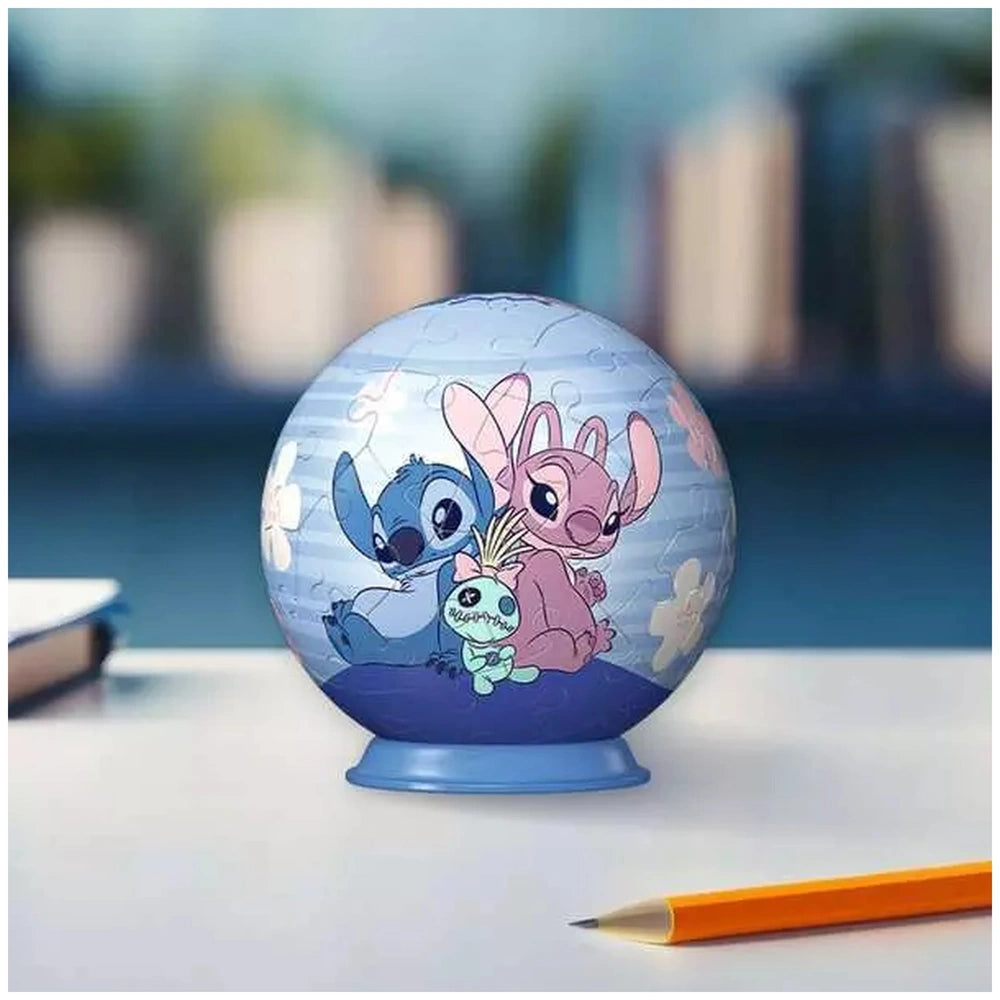 3D puzzle ball featuring Disney characters Stitch and Angel on a book surface, showcasing vibrant colors and playful design.