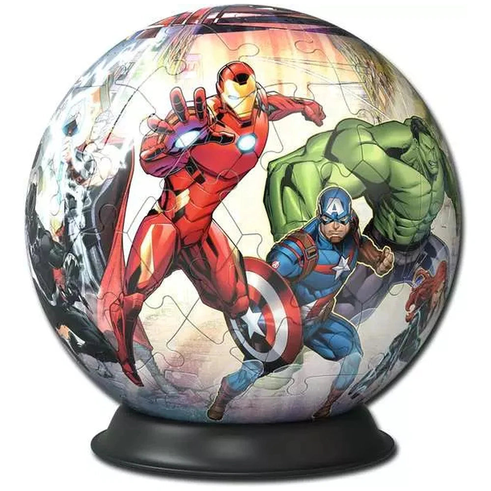 Ravensburger 3D puzzle ball features Iron Man, Captain America, and the Hulk in vibrant colors on a glossy surface.
