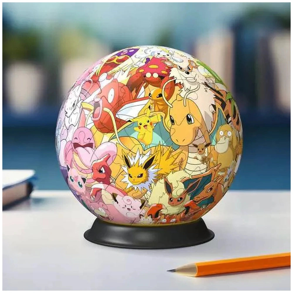 3D puzzle ball featuring vibrant, cartoon-style Pokémon characters covering its glossy surface.