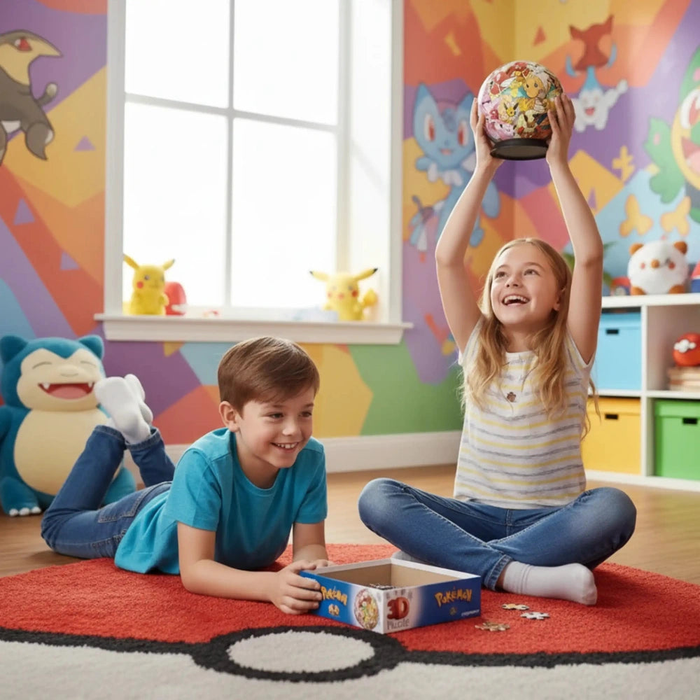 Ravensburger 3D-Puzzle-Ball featuring Pokémon is showcased in a vibrant playroom with two smiling children engaged in play.